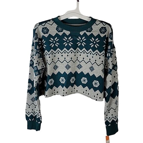 Colsie Long Sleeve Crop Sweatshirt, Grey & Green Print, Size S, NWT - Picture 1 of 6
